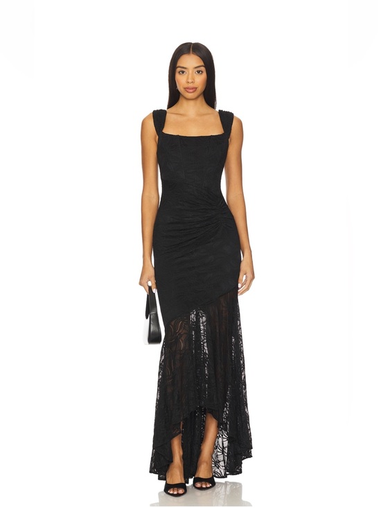 More To Come Dresses & Skirts - Black Lace Ruched Maxi Dress with Square Neckline (Revolve) (New With Tags)
